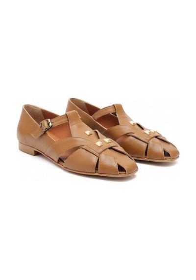 Ne&ve Shoes Taba Deri Aksesuar Detaylı Tokalı Kadın Sandalet