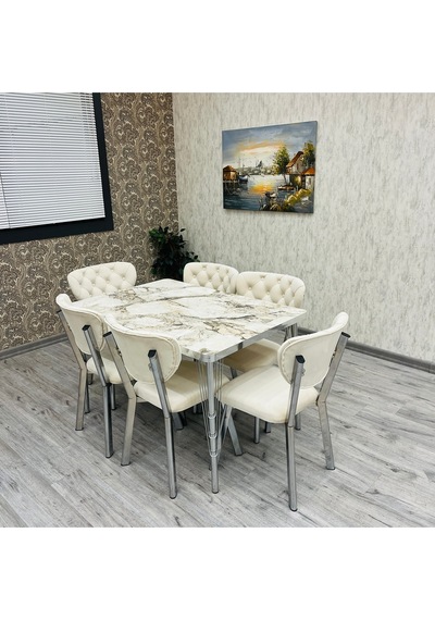 Akuamarin Mutfak Yemek Masası Takımı- 6 Kişilik Mutfak Masa Sandalye Takımı- Mutfak Masası Takımı Gümüş Beyaz Mermer Krem Akuamarin Mutfak Yemek Masası Takımı- 6 Kişilik Mutfak Masa Sandalye Takımı- Mutfak Masası Takımı Gümüş Beyaz Mermer Krem