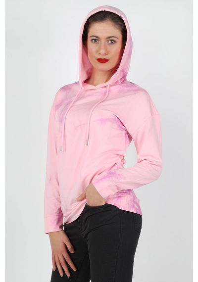 Kadın Kapüşonlu Batik Sweatshirt Pembe
