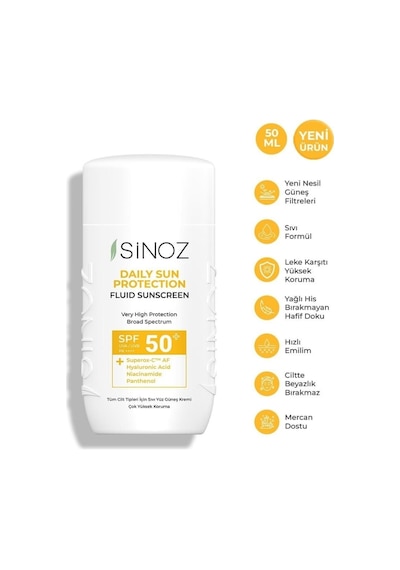 Sinoz Spf50 Günlük Kullanım Sıvı Yüz Güneş Kremi 50ml