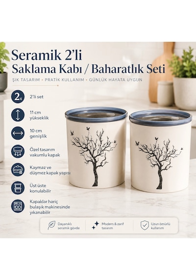 2'li Seramik Saklama Kabı / Baharatlık Seti Çok Renkli