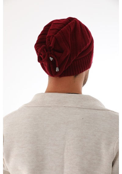 Ritagarcia Unisex Arkası İpli Büzgülü Triko Bere Kışlık Dökümlü Slouchy Beanie Bere Bordo