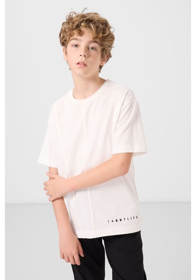 Tommylife Ekru Pamuklu Yumuşak Dokulu Oversize Basic Erkek Çocuk T-shirt - 11297 Ekru