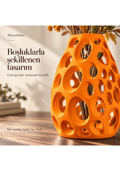 Dekoratif Vazo 20 Cm Oval Delikli Modern Tasarım Kuru Ve Yapay Çiçek Vazosu Turuncu