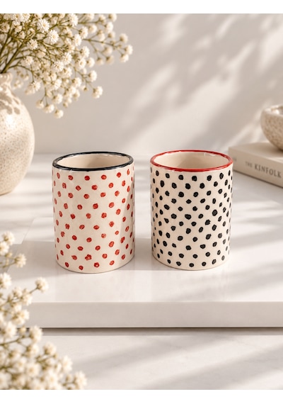 Benekli Seramik Espresso Fincan Set Kırmızı - Siyah