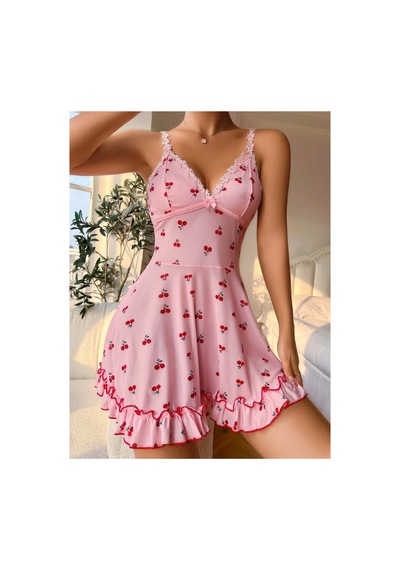 Lily Bianca Nightwear Kiraz Desenli Askıları Dantel Detaylı Tanga Hediyeli Penye Gecelik Pembe Lily Bianca Nightwear Kiraz Desenli Askıları Dantel Detaylı Tanga Hediyeli Penye Gecelik Pembe
