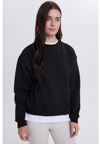 Tudors Kadın Oversize Geniş Kesim Pamuklu Bisiklet Yaka Siyah Sweatshirt-39923 SiYAH