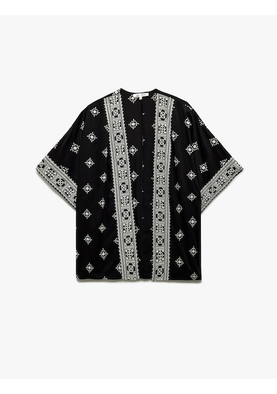 Koton Viskon Yarım Kollu Etnik Kimono Siyah Desenli 5sal50004ıw Siyah Desenli