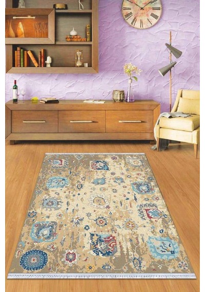 Bej Vintage Dokuma Pamuk Tabanlı Kaymaz Kilim Klm301n11