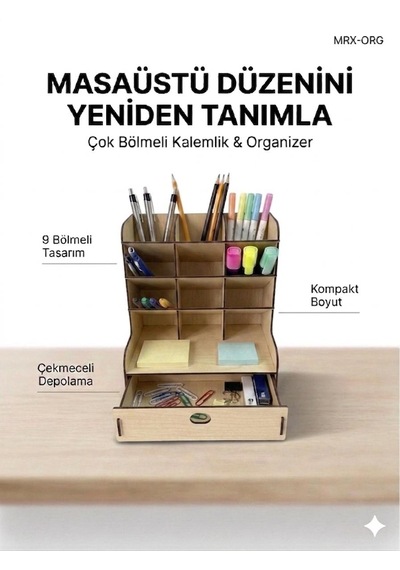 Mrx-org Masaüstü Organizer 9 Bölmeli Kalemlik, Çekmeceli Masa Düzenleyici, Ahşap Ofis Organizer Akçaağaç