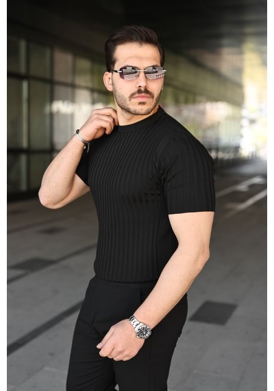 Veraura Lifestyle Erkek Fitilli Bisiklet Yaka Kısa Kollu Tişört Siyah
