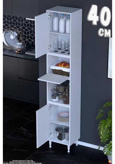 Işıl 40 Cm Kapaklı Orta Bölmeli Çok Amaçlı Mutfak Kiler Dolabı Banyo Düzenleyici 40x213x32 Cm Beyaz
