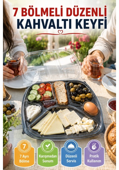 Tabldot 7 Bölmeli Kapaklı Kahvaltı Seti Pet Tek Kullanımlık Piknik Ofis Brunch Servis Kabı 29,5cm Xl Siyah