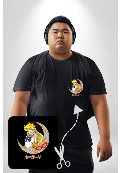 Angemiel Sailor Moon Ay Savaşcısı Anime Siyah Büyük Beden Kadın Basic Minimal Baskılı Tişört Siyah