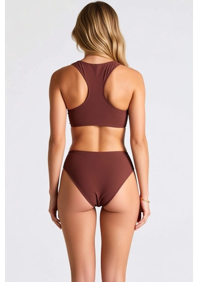 Benerly Kadın Bikini Takımı Bralette Üst Fermuarlı Normal Bel Slip Alt Ör Kahverengi
