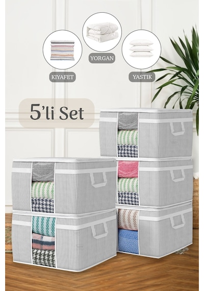 5'li Maxi Pencereli Baza Altı Hurç - Çekyat Baza Tipi Yastık Kıyafet Saklama Hurcu 45 X 40 X 30 Cm Gri