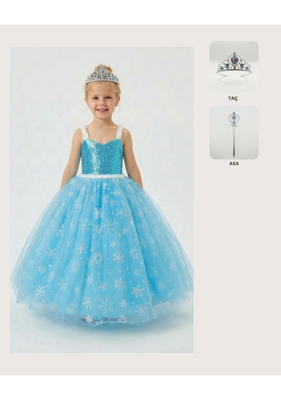Butikhappykids Frozen Elsa Kostümü Askılı Kız Çocuk Prenses Elbisesi Taç Ve Asa Hediyeli Mavi
