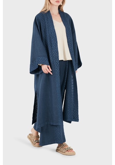 Via Dante % 100 Keten Brode İşlemeli Kimono Bayan Kimono 69912196 İndigo