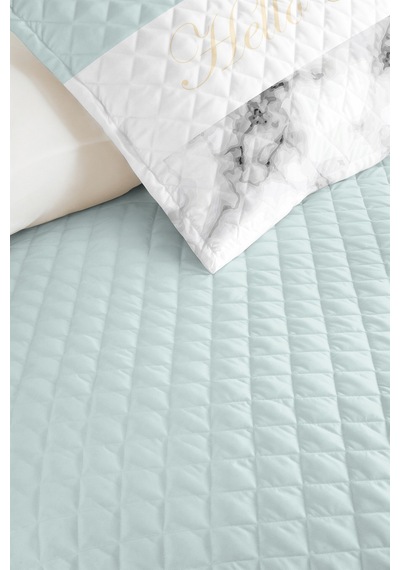 Modern Mermer Mint Genç Odası Tek Kişilik Pike Takımı - Gri Beyaz 160x220 Cm Kapitone Yatak Örtüsü Kadife Yosun Baharı