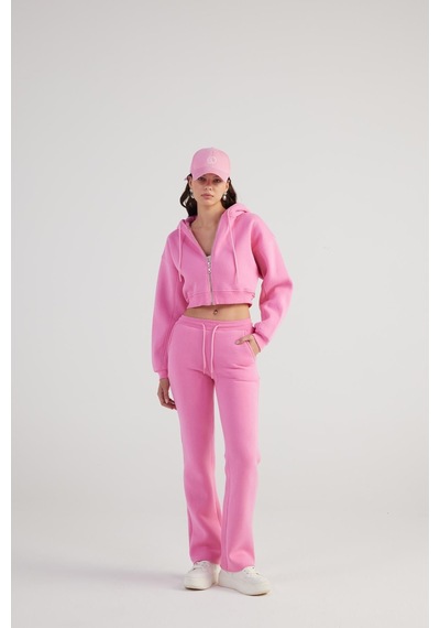 Holly Lolly Kadın Pembe Yüksek Bel Straight Kesim Şardonlu Mixed Eşofman Altı