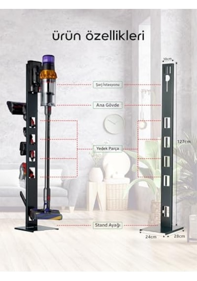 Dikey Süpürge Standı Şarjlı Süpürge Standı Dyson Uyumlu Stand Bütün Süpürge Modelleri İle V15-gen5 Paslanmaz