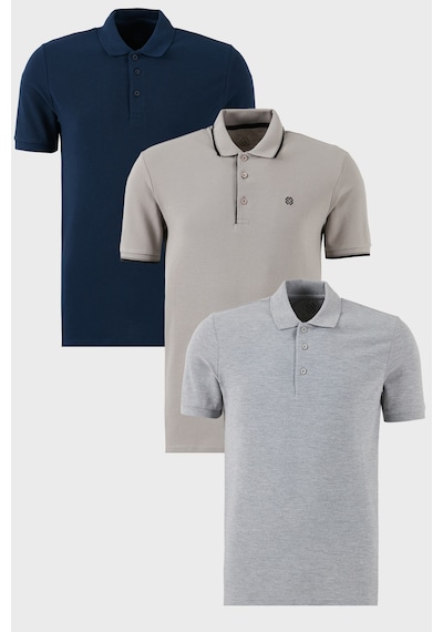 Buratti Pamuklu Regular Fit Düğmeli Polo Yaka 3'Lü Paket Erkek T Shirt 590211827S3 Gri Melanj-Indigo-Taş