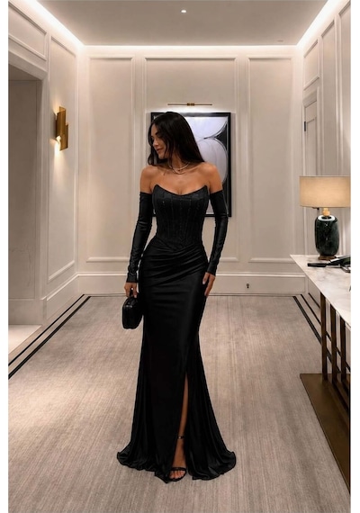 Lior Design Kadın İnce İşçilik Straplez Yırtmaçlı Abiye Elbise Siyah