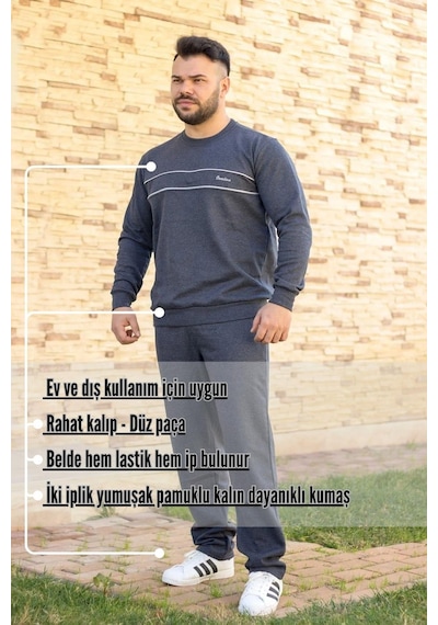 Azıcık Akıllı Indigo Mavi Battal Büyük - Normal Beden Kalın Sweat Erkek Eşofman Takımı 21eestbakt İndigo