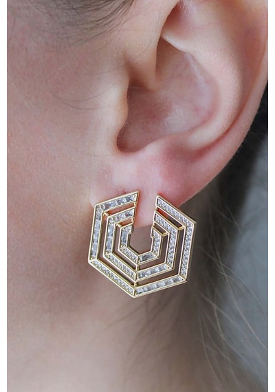 Vıp Çelik 14k Altın Kaplama Zirkon Taş İşlemeli Hexagon/altıgen Küpe