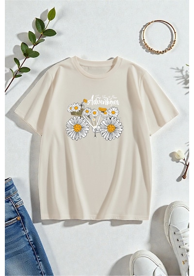 Uyguntarz Adventures Baskılı Tasarım Tshirt Bej