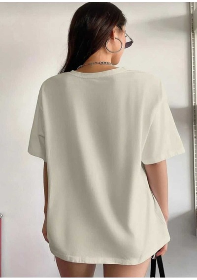 Kozia Outdoors Gazete Baskılı Oversize Unisex O Yaka Basic T-shirt Bej