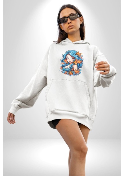 Deniz Kızı Deniz Yıldızı Mavi Saçlı Kadın Erkek Beyaz Kapüşonlu Sweatshirt Hoodie Beyaz