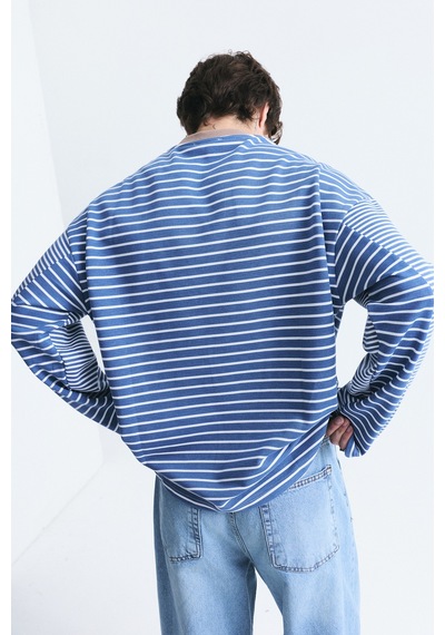 Vamos Kontrast Yaka Çizgili Sweatshirt Ekru-ındigo