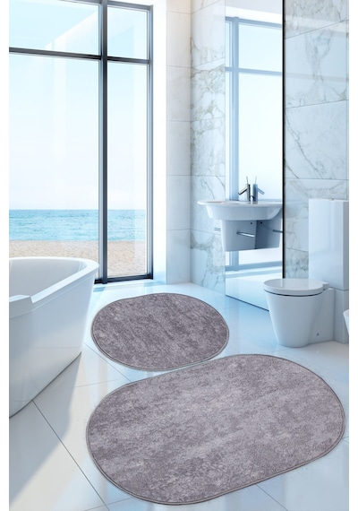 Nova Gri Oval 2'li Banyo Paspası Seti Kaymaz 60 x 100 + 50 x 60 CM Gri