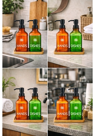 Buççin Online Mağaza Amber Cam 2 Li Sıvı Sabunluk Seti Bambulu Tepsili Bulaşık Deterjanı İçin Şık Ve Modern Tasarım Cam K Çok Renkli