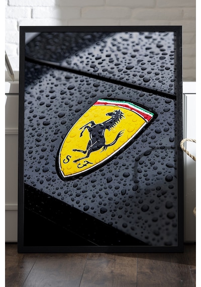 Ferrari Amblem Siyah Ahşap Çerçeveli Poster, Dekoratif Araba Duvar Tablosu