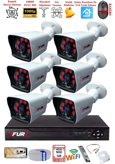 Fury 6 Kameralı 2mp Full Hd Görüntü 6 Atom Led Gece Görüşlü Dış Mekan Güvenlik Kamerası Seti 500gb 62066920