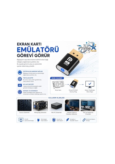 Primex Px-5261 Displayport 4k Uhd Display Dummy Plug, Dp Sanal Monitör Adaptörü, Ekran Kartı Emülatörü, Headless Display Emulator, Bitcoin Mining Ve Uzaktan Erişim İçin