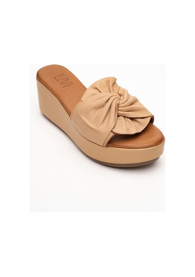 Luvishoes Luvi Shoes Jeff Koyu Bej Cilt Hakiki Deri Fiyonklu Kadın Dolgu Topuklu Terlik Koyu Bej