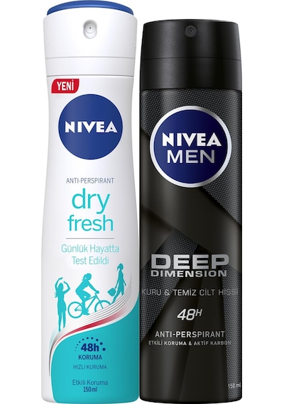 Nivea Dry Fresh Kadın Sprey Deodorant 150 ML + Deep Dimension Deosprey Erkek Sprey Deodorant 2 x 150 ML