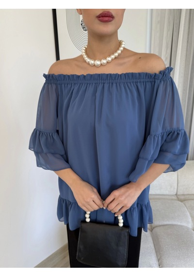 Lodmela Yaka Lastikli Şifon Bluz 6022-Indigo