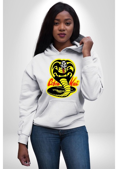 Cobra Kai Karete Çocuk Yılan Logo Dizi Kadın Erkek Beyaz Kapüşonlu Sweatshirt Hoodie Beyaz