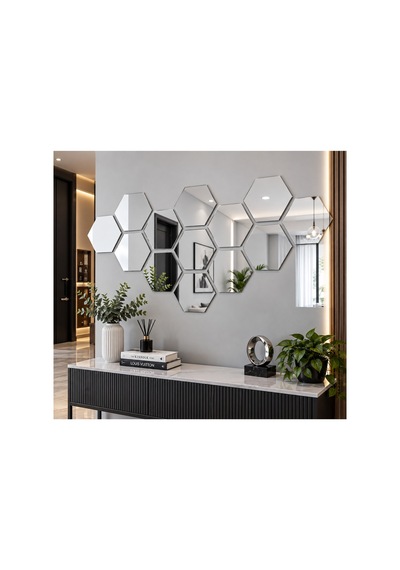 Kendinden Yapışkanlı Altıgen Dekoratif Duvar Aynası 1 Mm Kalınlık Petek Model Modern Salon, Antre Ve Yatak Odası Aynası Gümüş