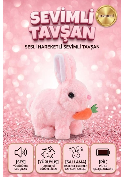 Sevimli Arkadaşım Tavşan: Sesli Yürüyen Hareketli Havuç Detaylı Eğitici Oyuncak Peluş Pembe
