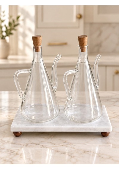 Morponi Mermer Stantlı 2'li Glazzy Düz Tasarım Yağlık & Sosluk 500 Ml+ 500 Ml Şeffaf