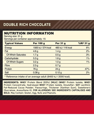 Optimum Nutrition 100% Whey Gs Chocolate Bag, 465 Gr