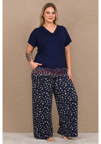 Lady Lacivert Renk, 11066 Pamuklu Büyük Beden Geniş Paça Anne Pijama Takımı Lacivert - Beyaz