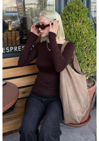 Acı Kahve Kayık Yaka Modal Kaşmir Ultra Hafif Body Mg2627 Acı Kahverengi
