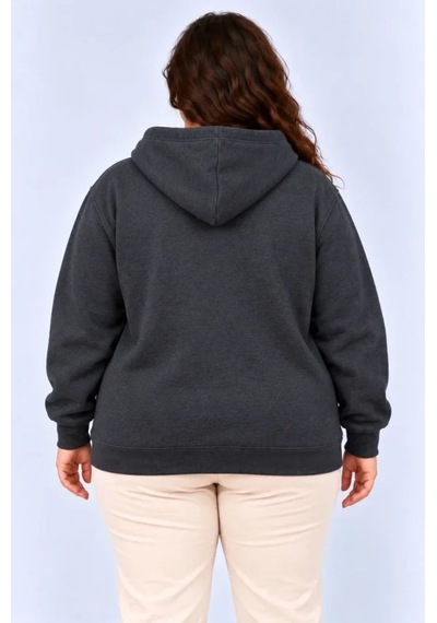 Battal Büyük Beden Üç İplik İçi Şardonlu Kapüşonlu Kanguru Cepli Kışlık Sweatshirt - Füme