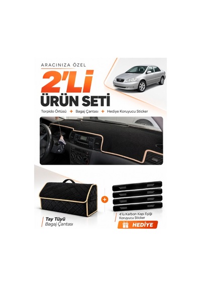 E-biz Toyota Corolla E130 2000-2006 Uyumlu Torpido Örtüsü + Tay Tüyü Çanta - Siyah-bej - To014